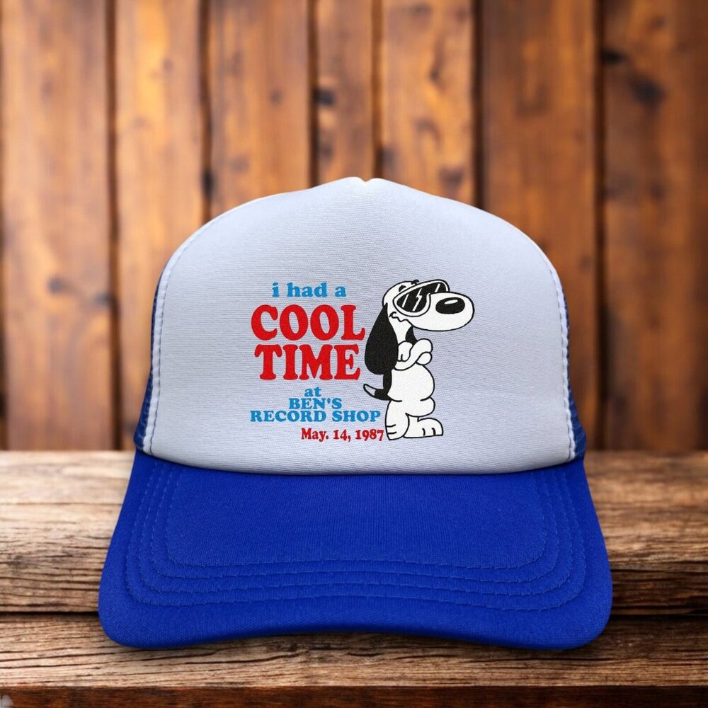 I Had A Cool Time At Ben's Record Shop 1987 Mens Trucker Hat Blue Old Ad Cap